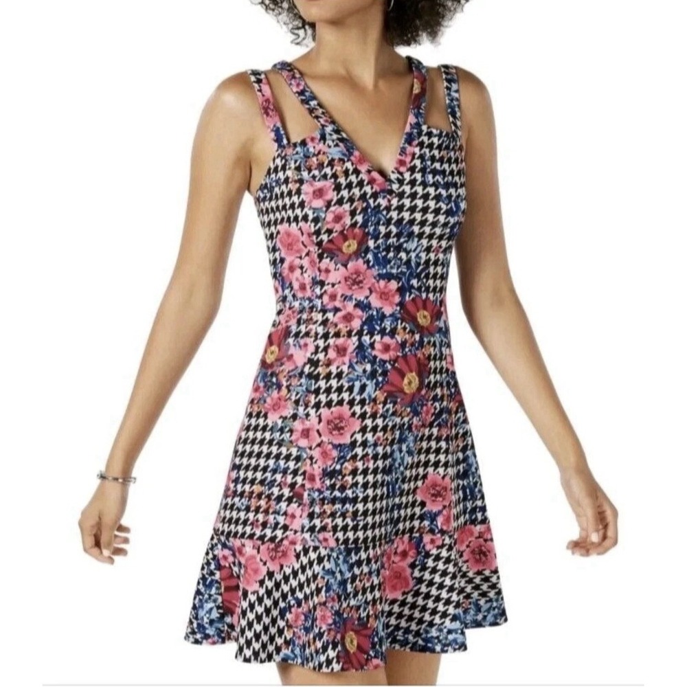 NWT Guess Sz 2 Strappy Dress Black Houndstooth Pink Blue Floral Shiny Gold Y2K